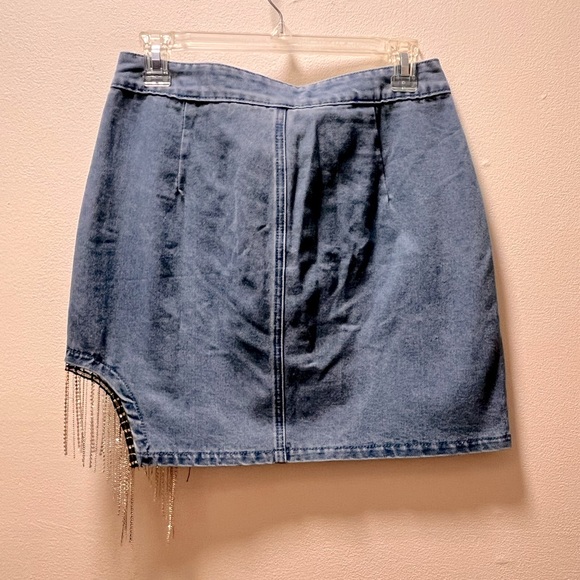 Allegra K Edgy Y2K Glam Denim Mini Skirt with Rhinestone Fringe, Sz S, Blue - Picture 2 of 5